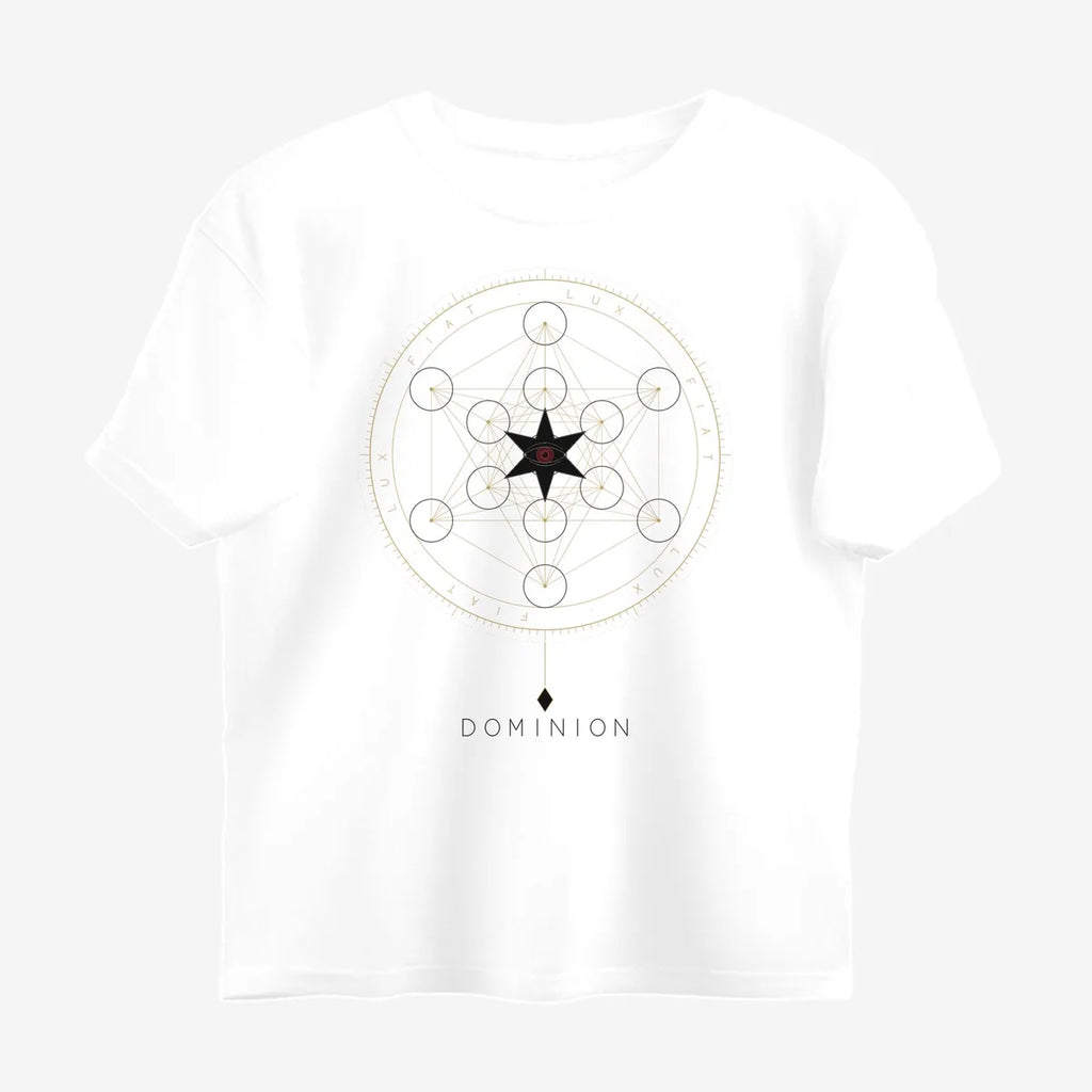 Oztra Dominion white oversized tee, front view showing the Dominion print