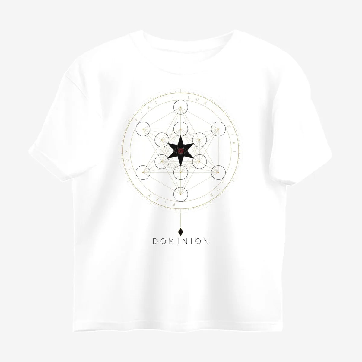 Oztra Dominion white oversized tee, front view showing the Dominion print
