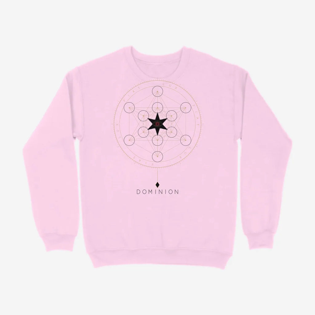 Oztra Dominion baby pink sweatshirt, front view showing the Dominion print