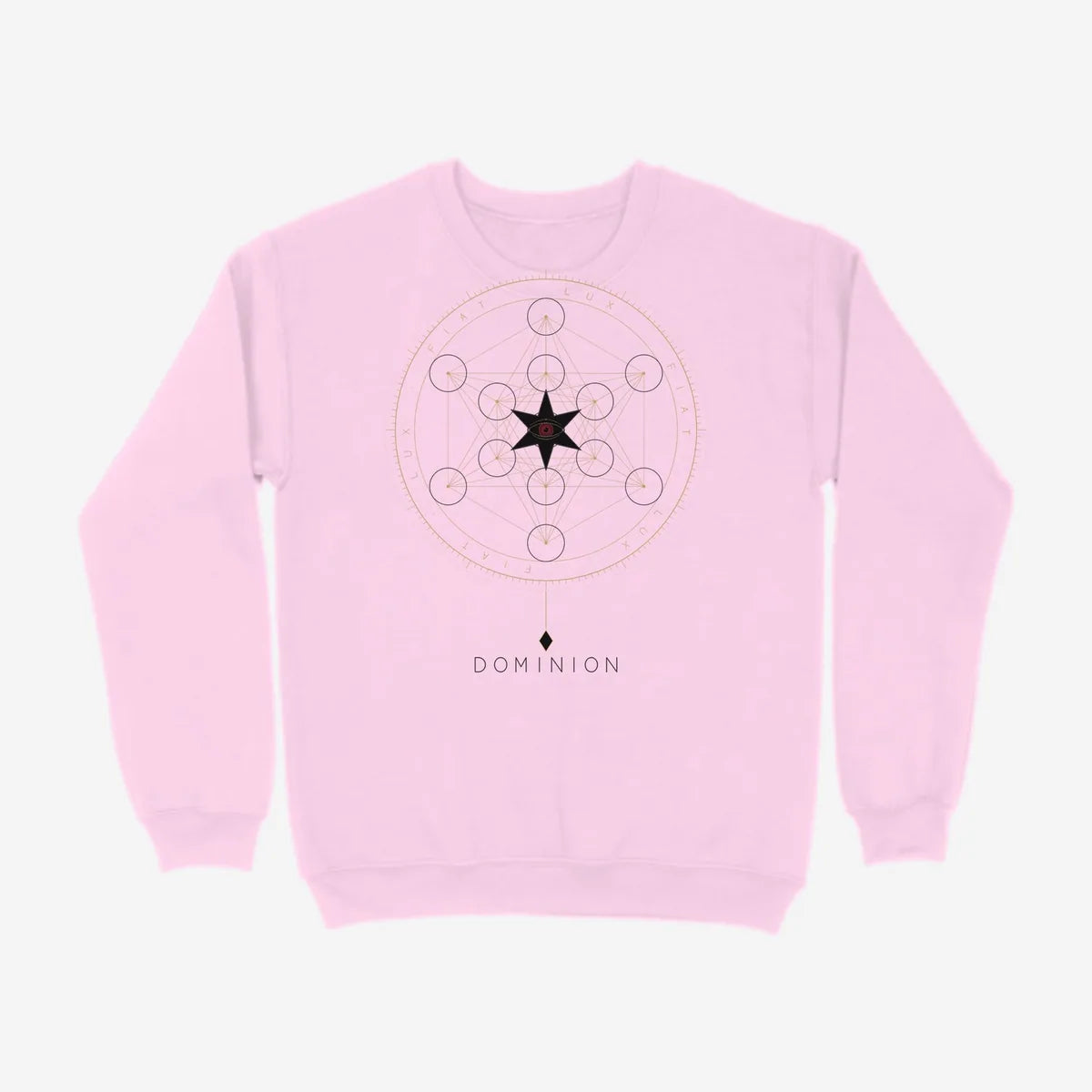 Oztra Dominion baby pink sweatshirt, front view showing the Dominion print
