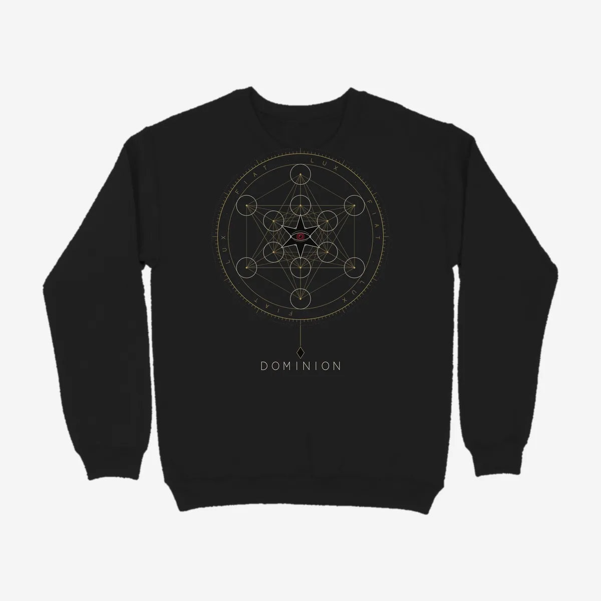 Oztra Dominion black sweatshirt, front view showing the Dominion print