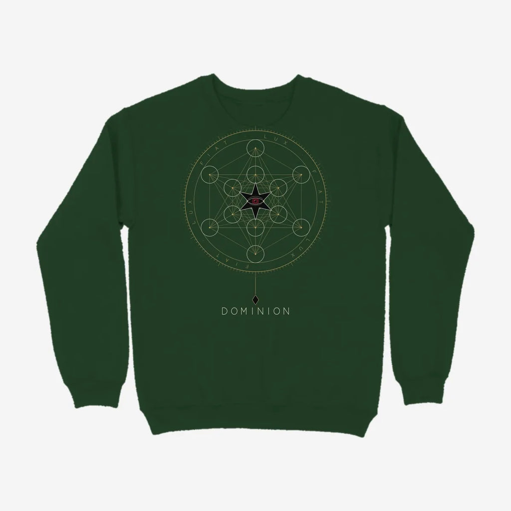 Oztra Dominion bottle green sweatshirt, front view showing the Dominion print