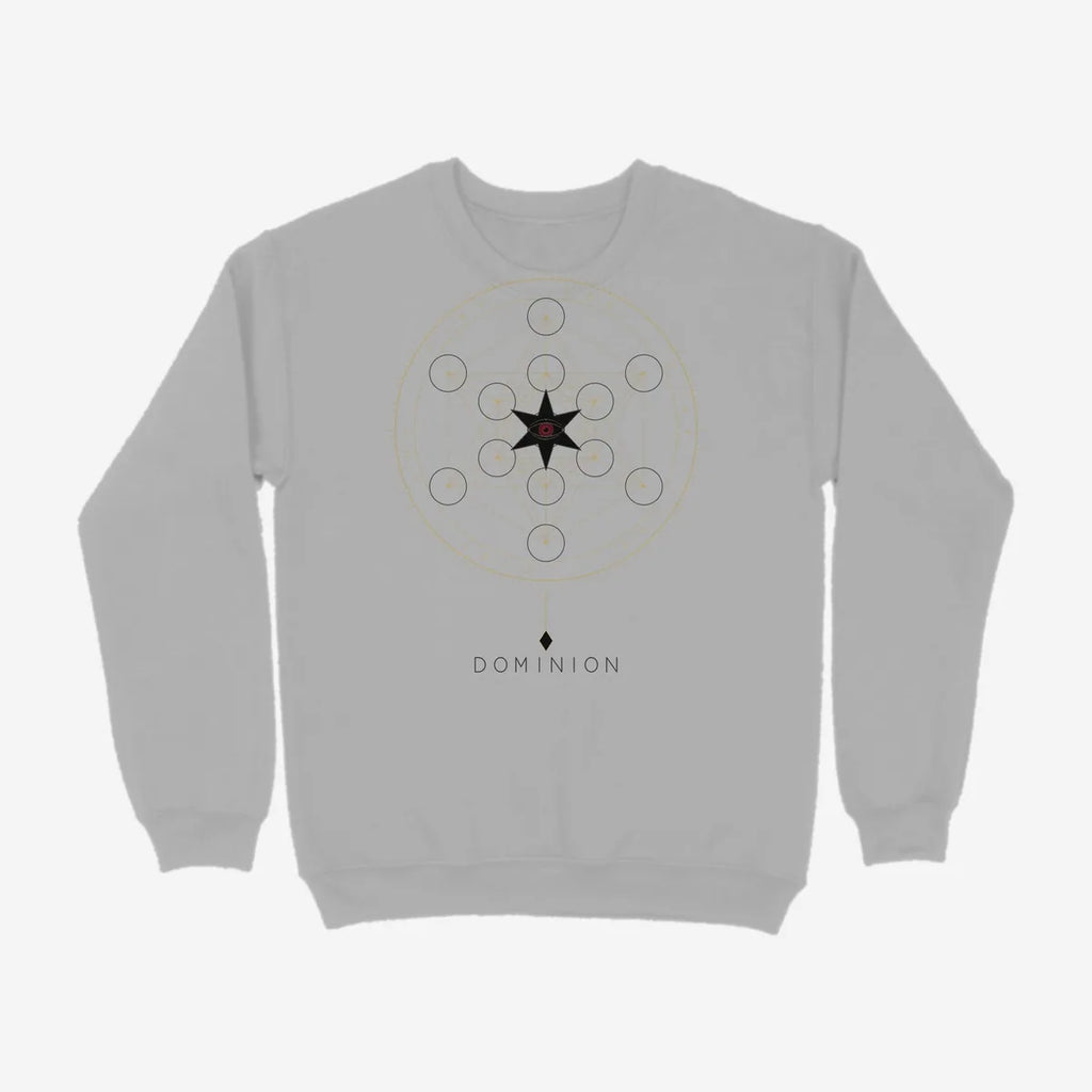 Oztra Dominion grey melange sweatshirt, front view showing the Dominion print