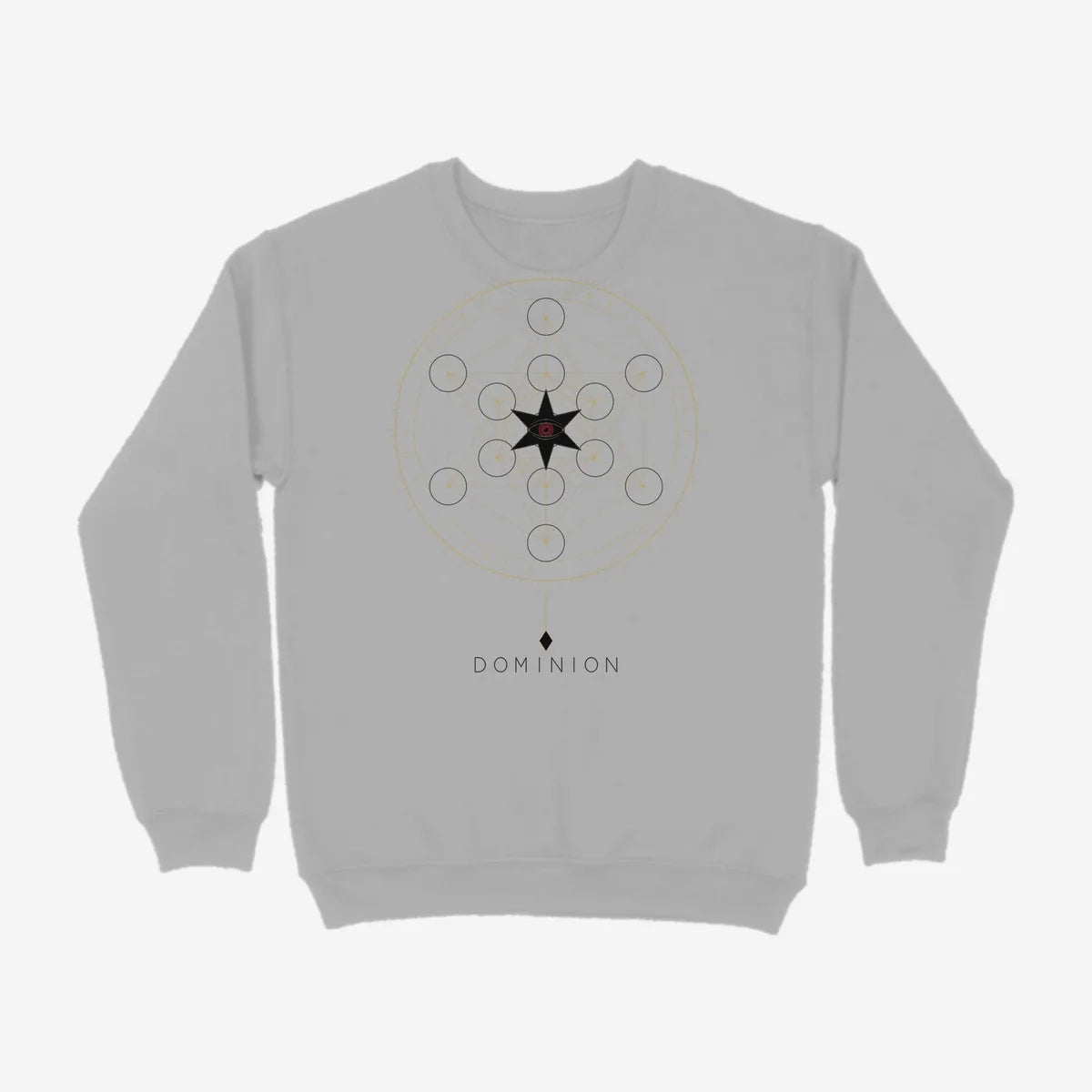 Oztra Dominion grey melange sweatshirt, front view showing the Dominion print