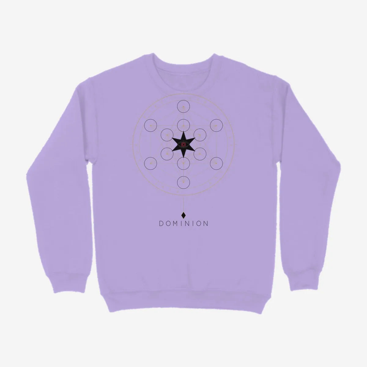 Oztra Dominion lavender sweatshirt, front view showing the Dominion print