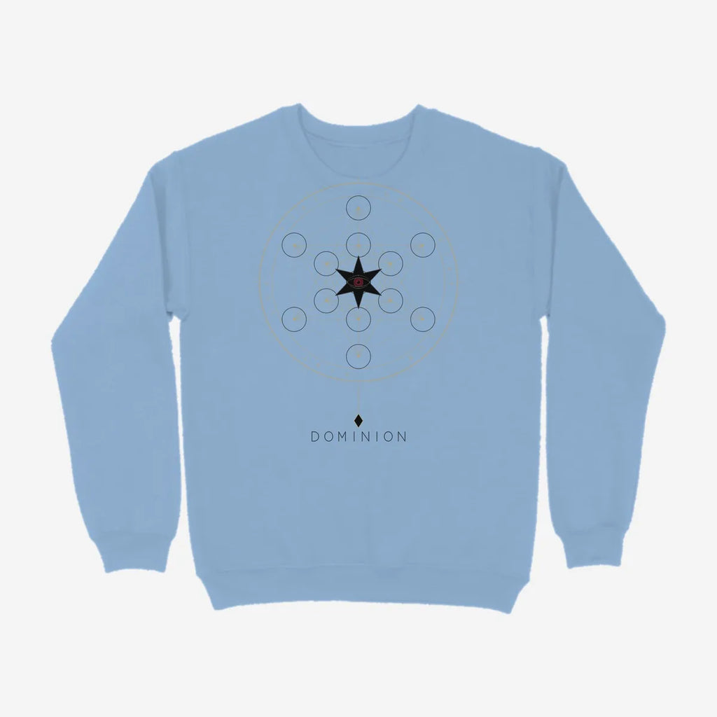 Oztra Dominion sky blue sweatshirt, front view showing the Dominion print