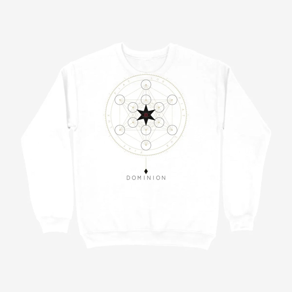 Oztra Dominion white sweatshirt, front view showing the Dominion print
