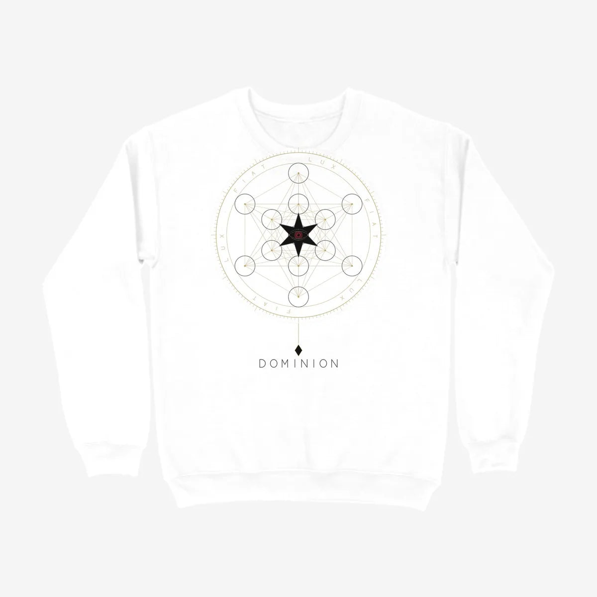 Oztra Dominion white sweatshirt, front view showing the Dominion print