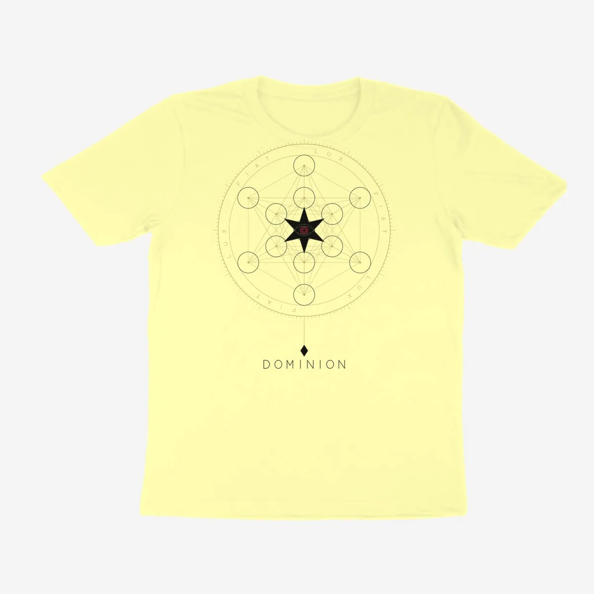 Oztra Dominion butter yellow tee, front view showing the Dominion print