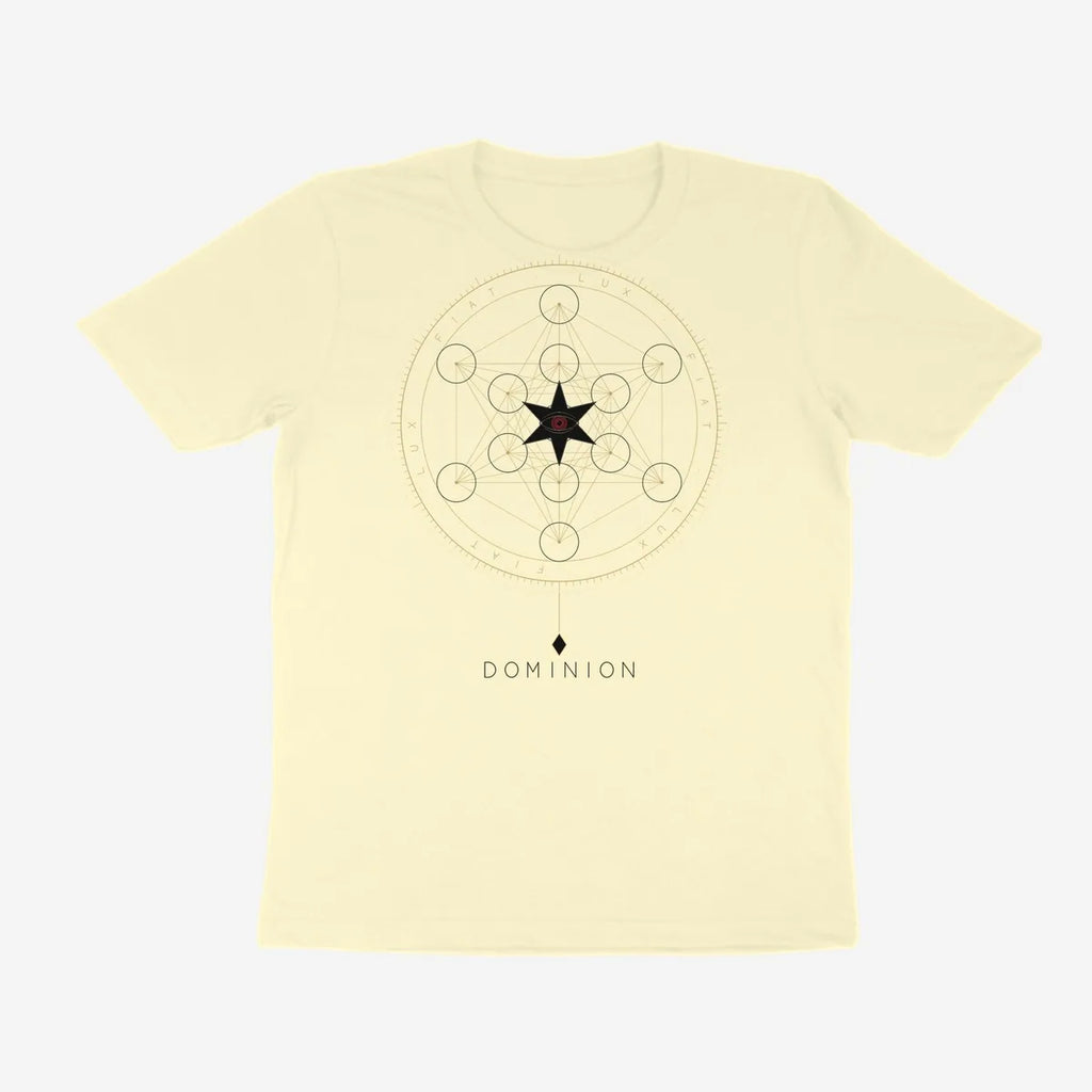 Oztra Dominion cream tee, front view showing the Dominion print