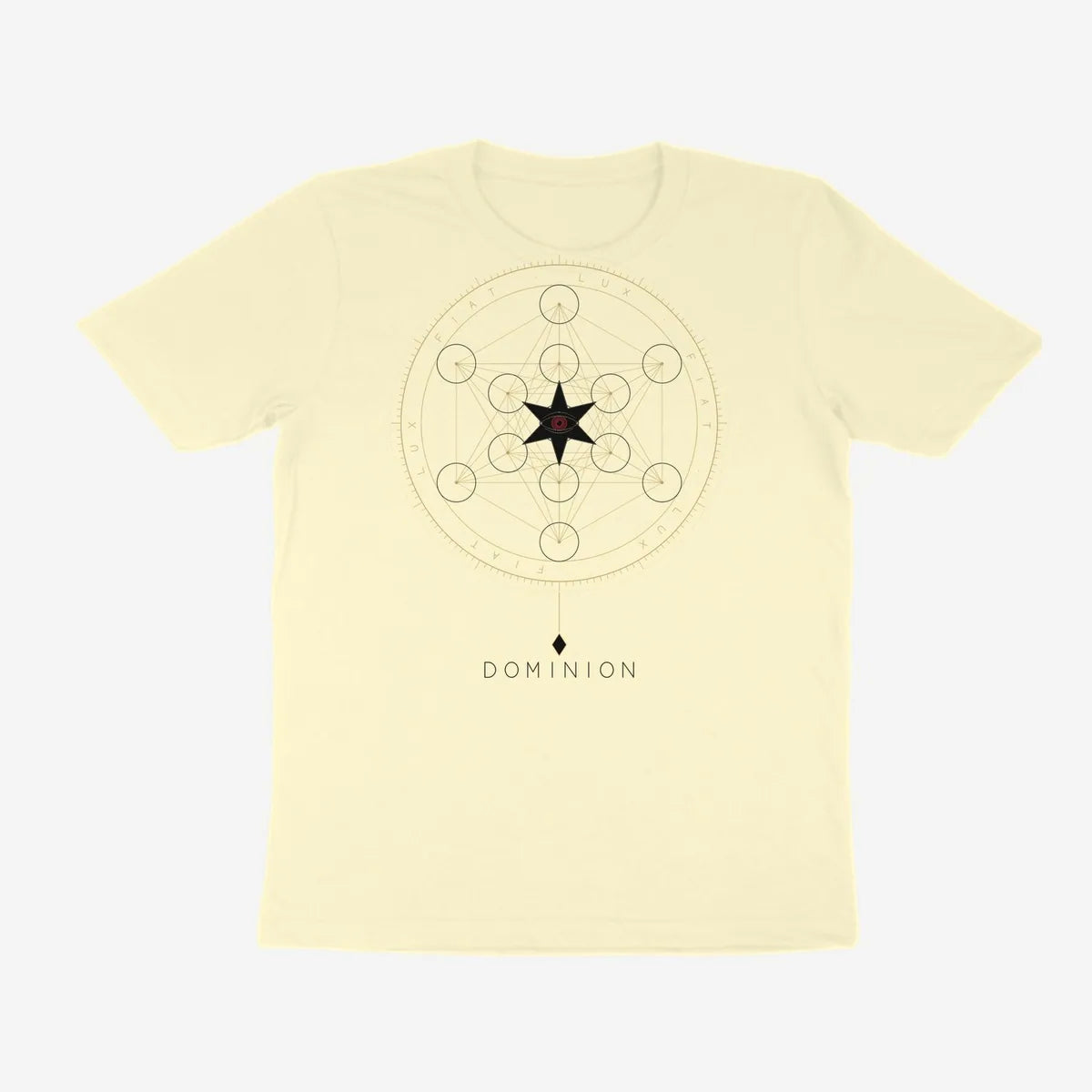 Oztra Dominion cream tee, front view showing the Dominion print