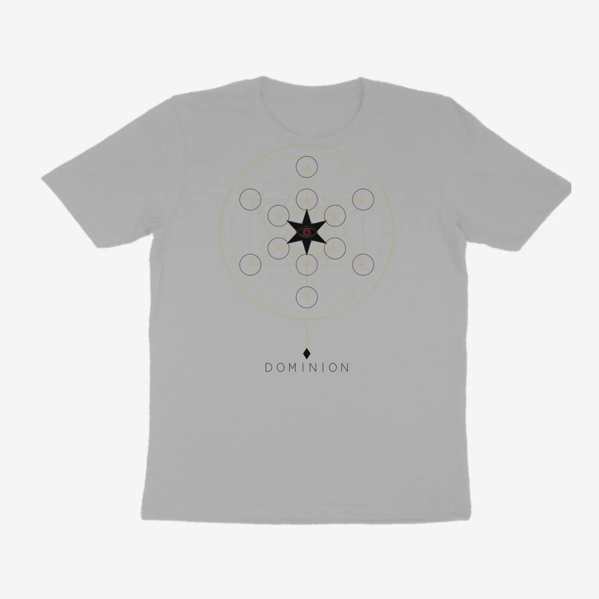 Oztra Dominion grey melange tee, front view showing the Dominion print