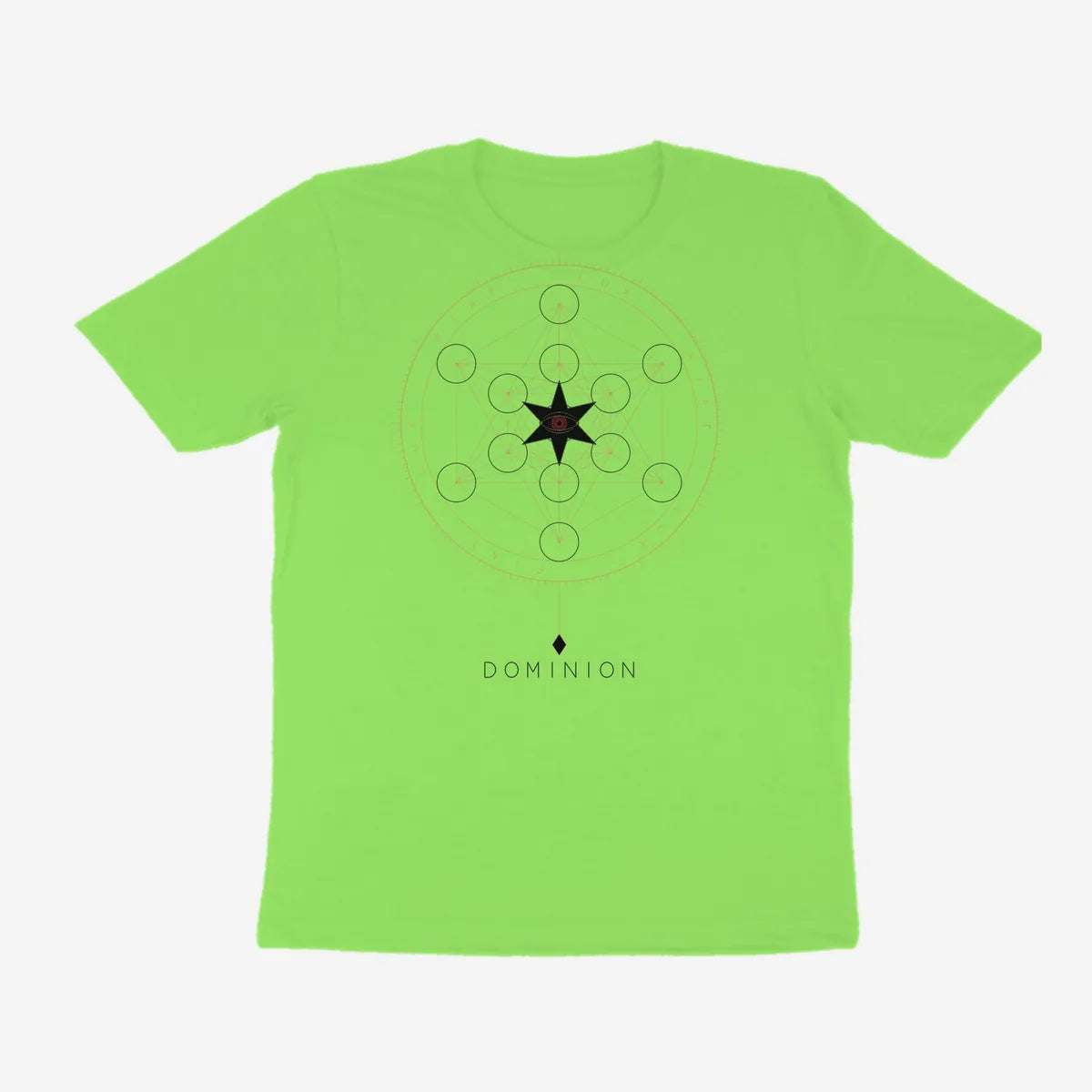 Oztra Dominion lime green tee, front view showing the Dominion print