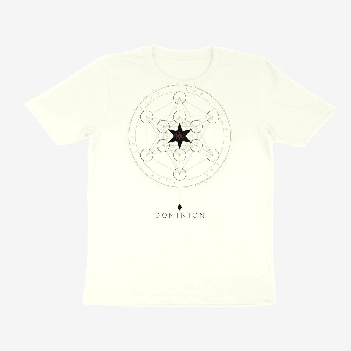 Oztra Dominion off white tee, front view showing the Dominion print