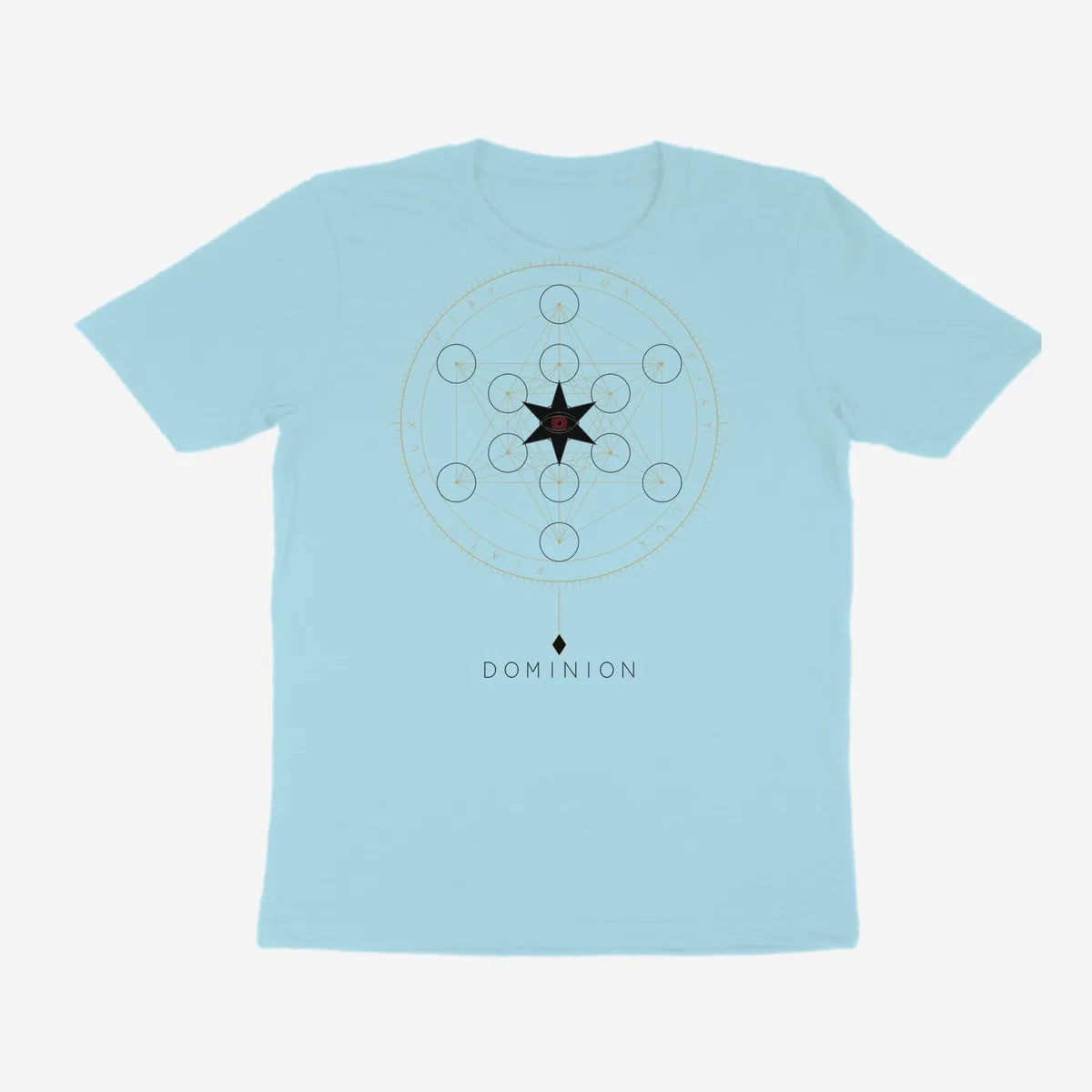 Oztra Dominion powder blue tee, front view showing the Dominion print