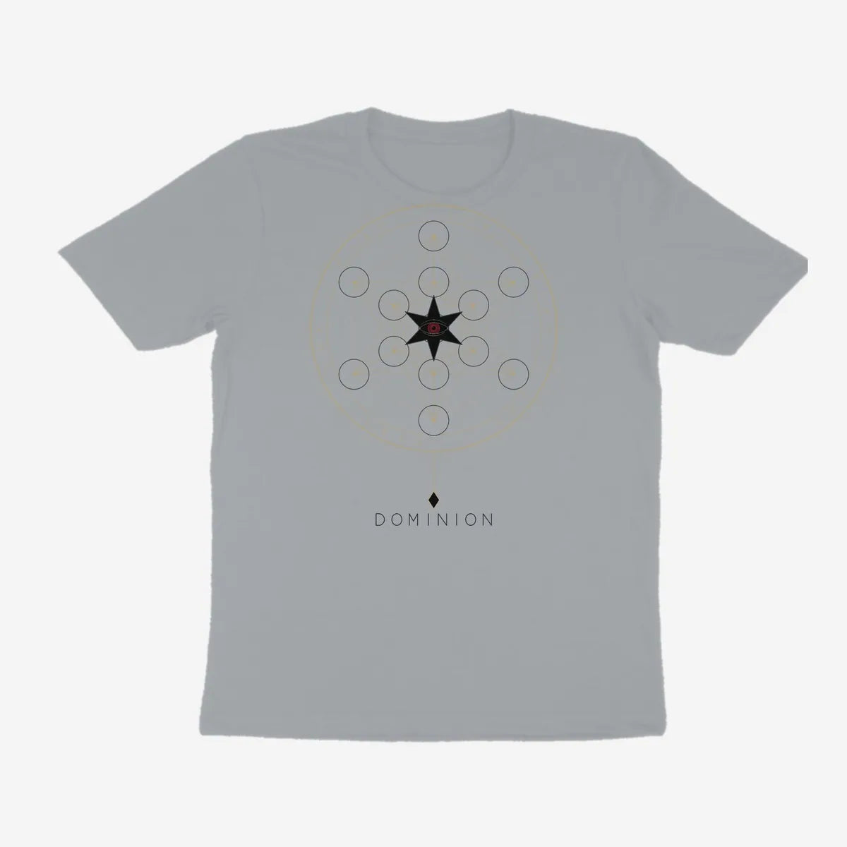 Oztra Dominion silver grey tee, front view showing the Dominion print