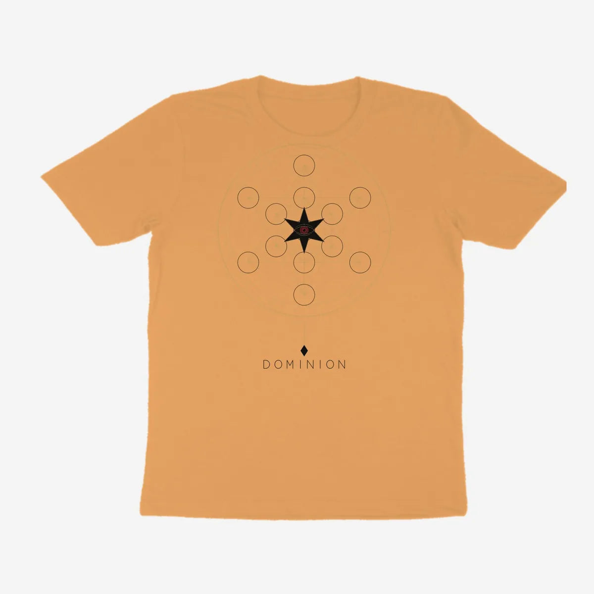 Oztra Dominion tan tee, front view showing the Dominion print