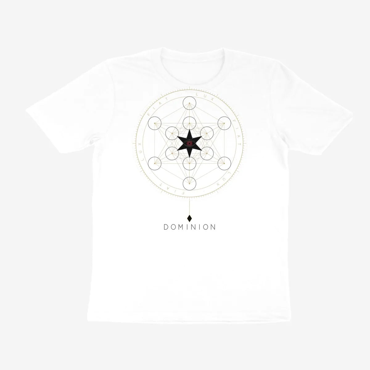 Oztra Dominion white tee, front view showing the Dominion print