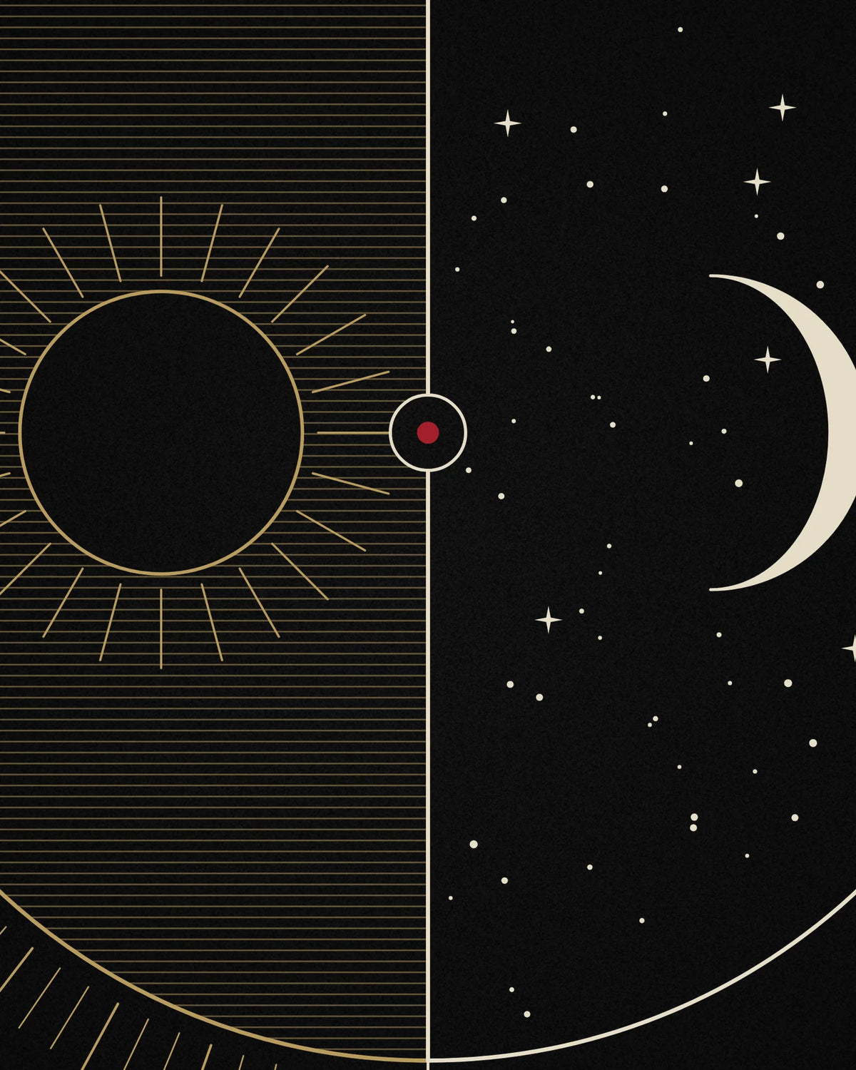 Close-up detail of the Oztra Duality linework showing muted-gold sun and bone moon