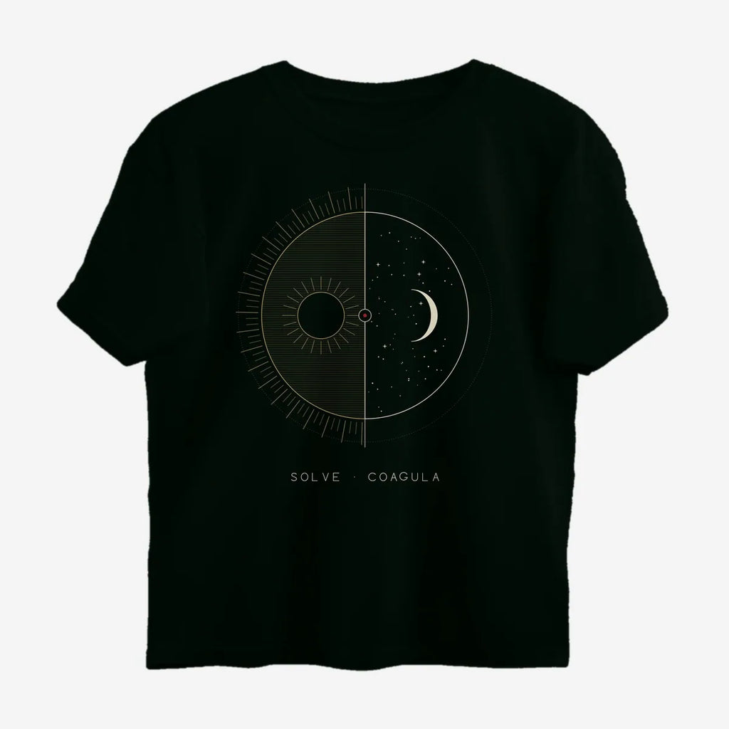 Oztra Duality jet black oversized tee, front view showing the Duality print