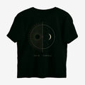 Oztra Duality jet black oversized tee, front view showing the Duality print