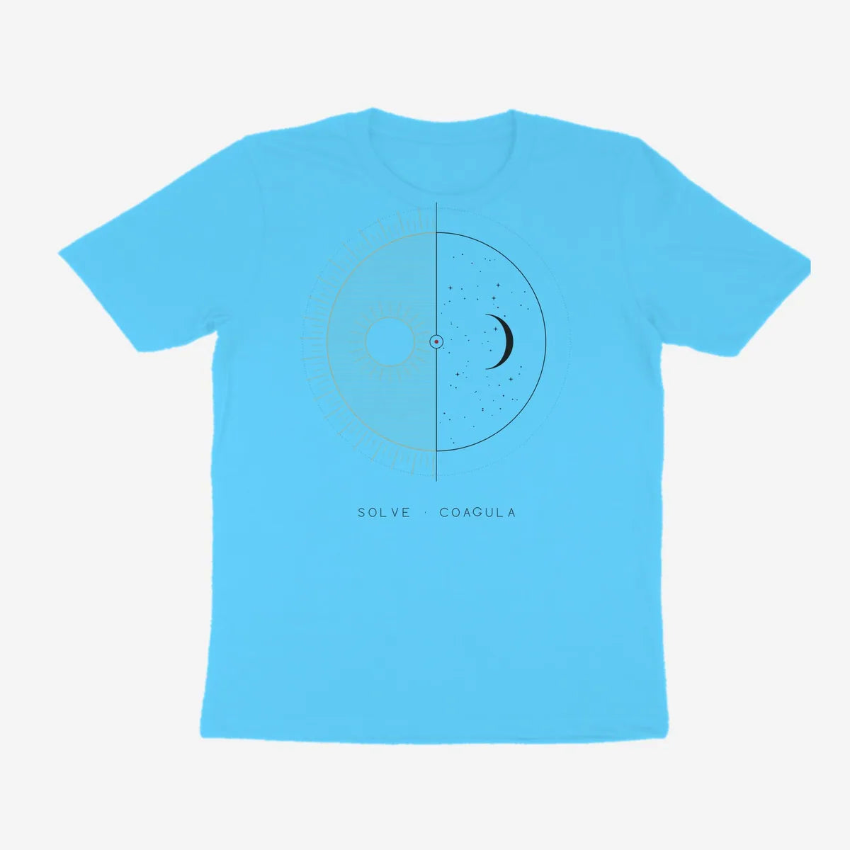 Oztra Duality aqua blue tee, front view showing the Duality print