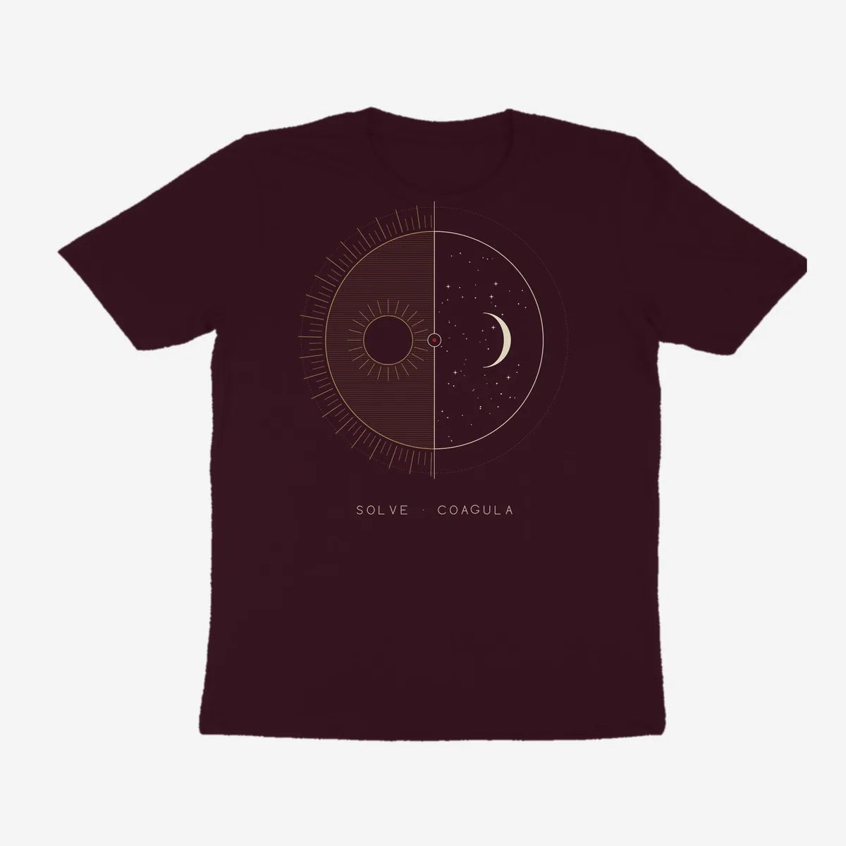 Oztra Duality aubergine tee, front view showing the Duality print