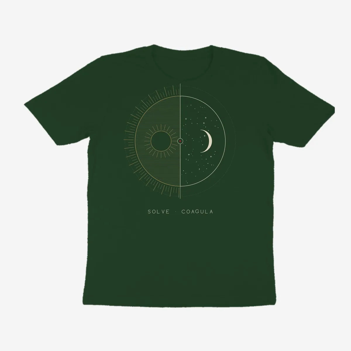 Oztra Duality bottle green tee, front view showing the Duality print