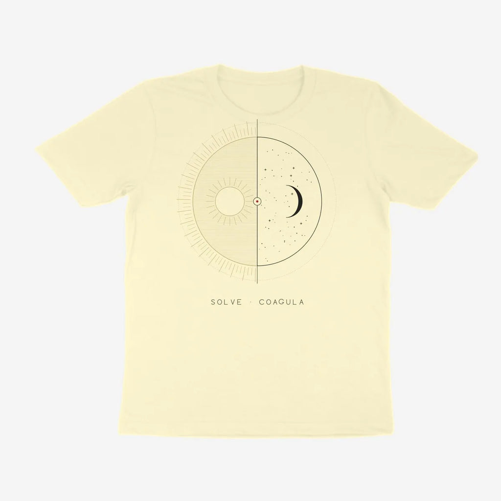 Oztra Duality cream tee, front view showing the Duality print