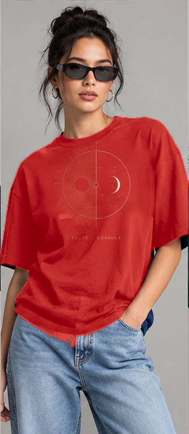 Model wearing the Oztra Duality tee in red