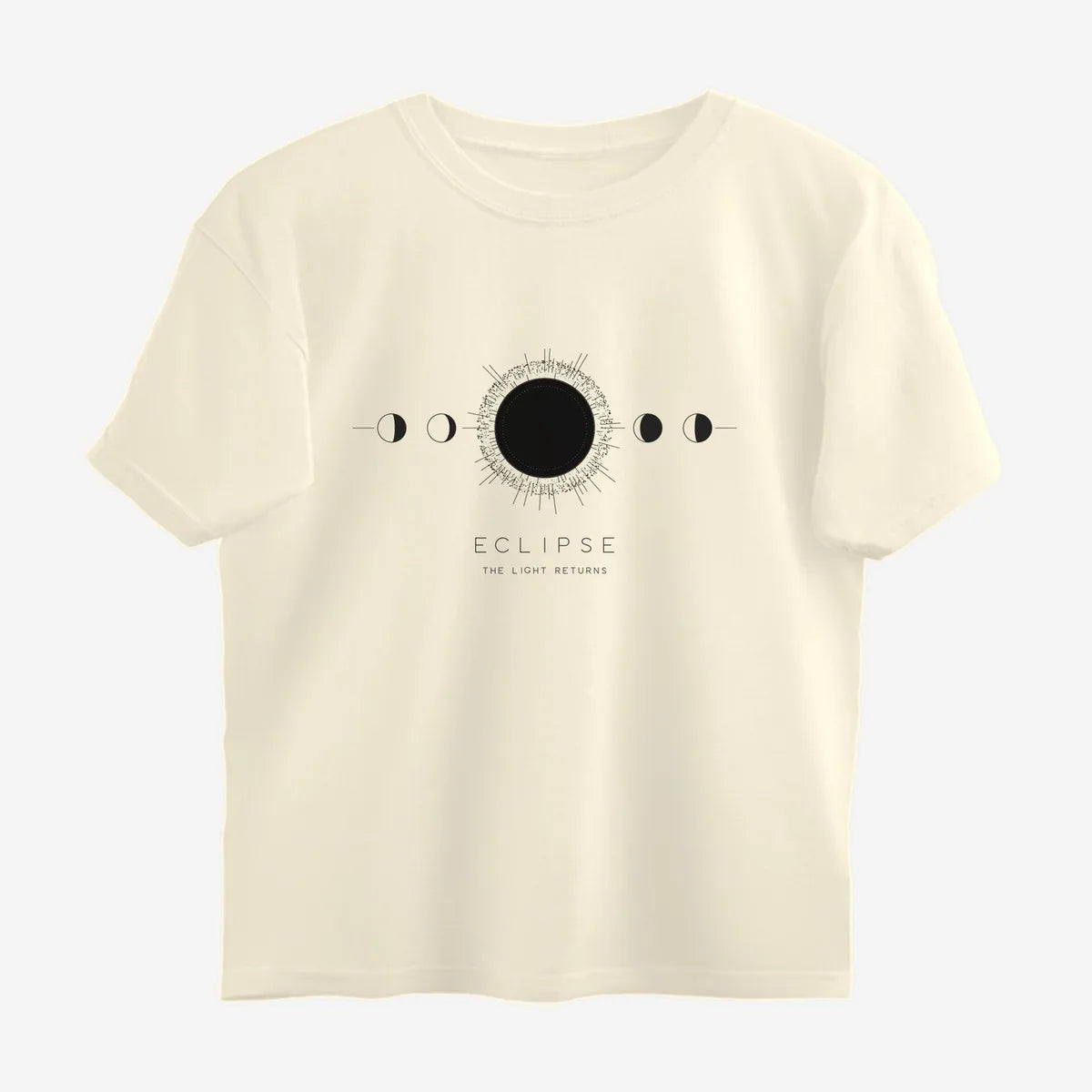 Oztra Eclipse beige oversized tee, front view showing the Eclipse print