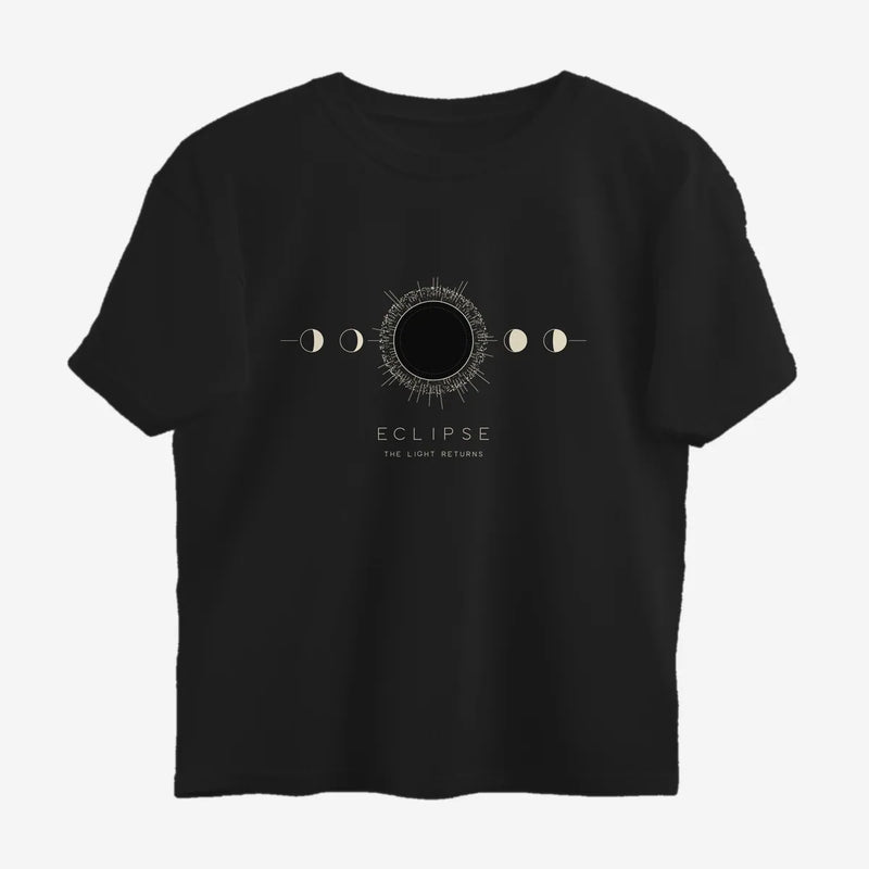 Oztra Eclipse black oversized tee, front view showing the Eclipse print