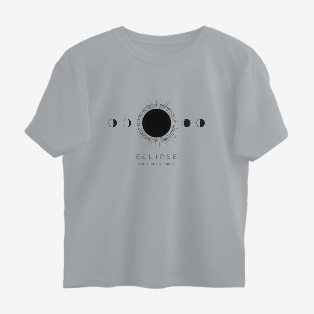 Oztra Eclipse grey melange oversized tee, front view showing the Eclipse print