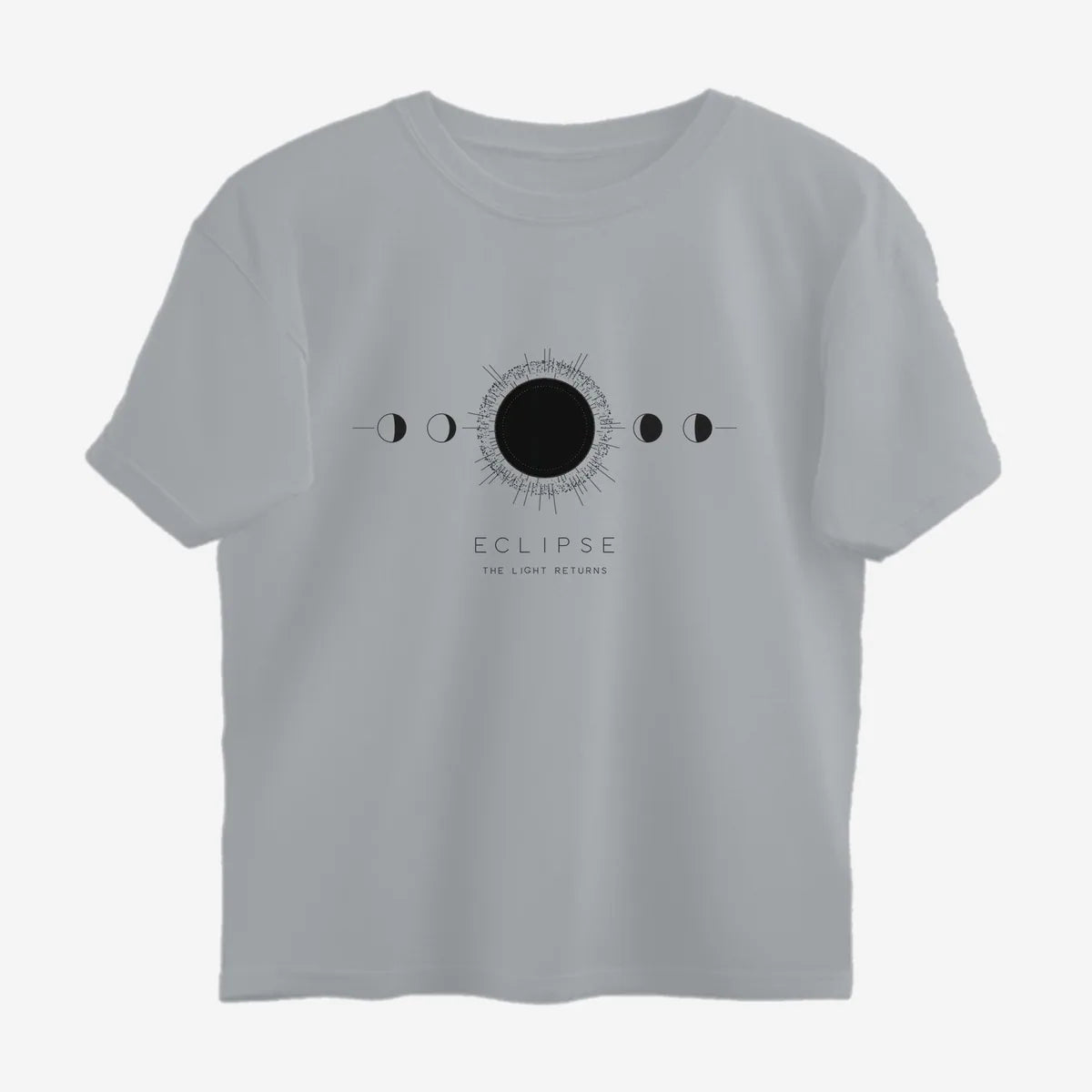 Oztra Eclipse grey melange oversized tee, front view showing the Eclipse print