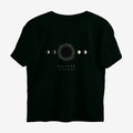 Oztra Eclipse jet black oversized tee, front view showing the Eclipse print