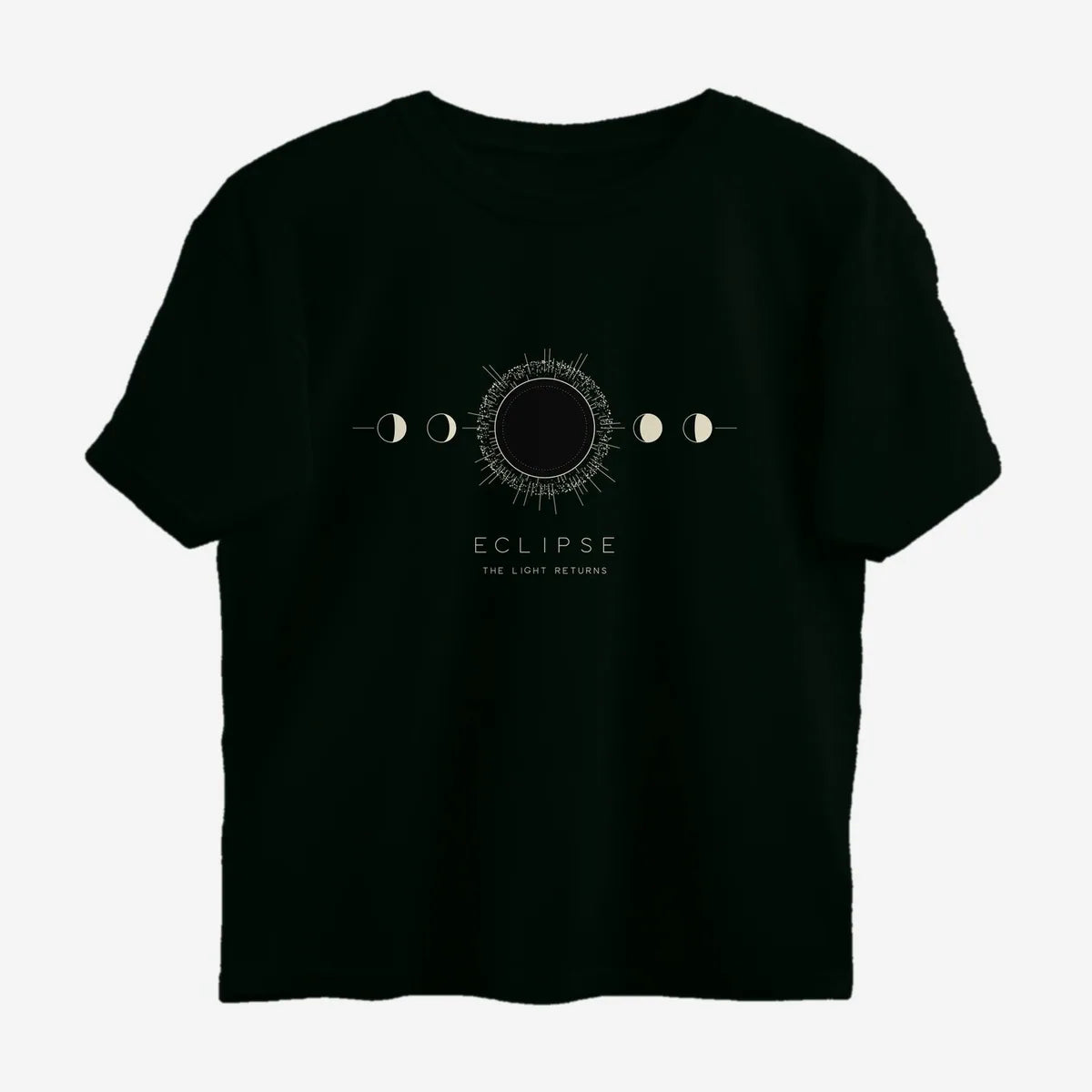 Oztra Eclipse jet black oversized tee, front view showing the Eclipse print