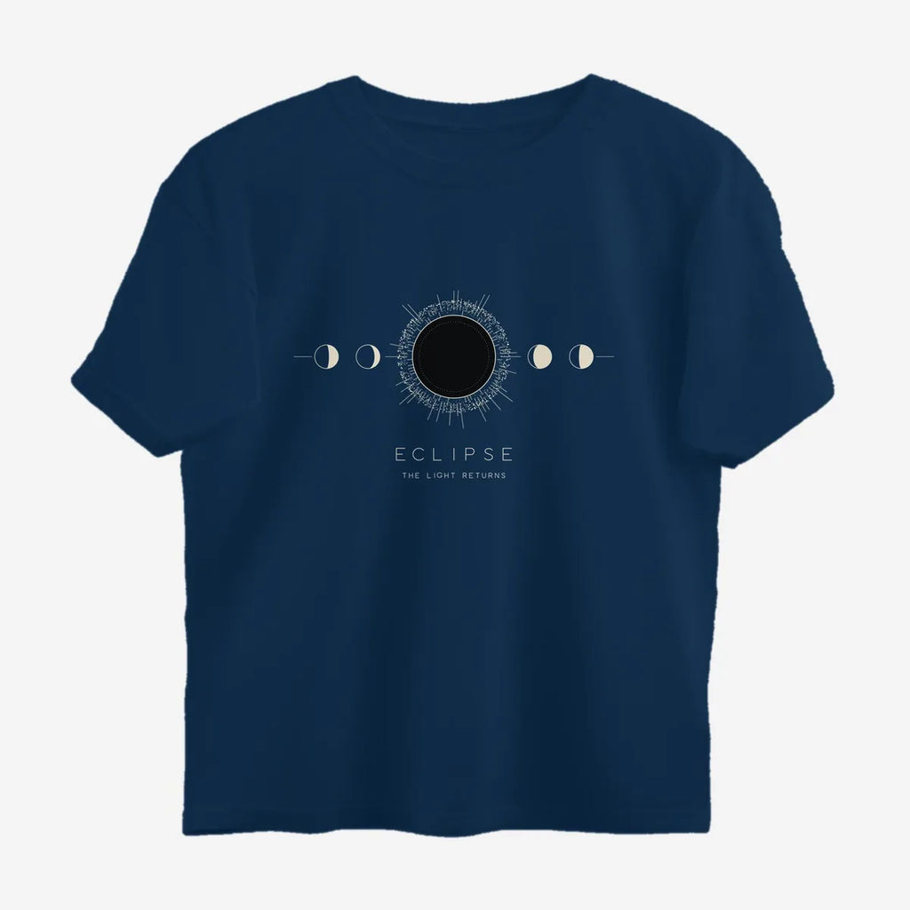 Oztra Eclipse navy oversized tee, front view showing the Eclipse print