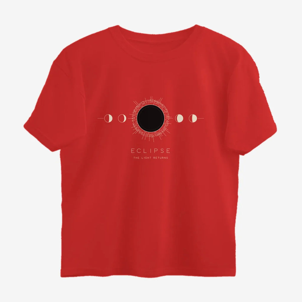 Oztra Eclipse red oversized tee, front view showing the Eclipse print