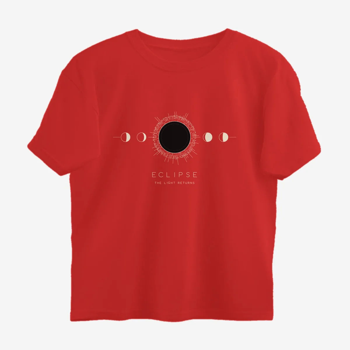 Oztra Eclipse red oversized tee, front view showing the Eclipse print
