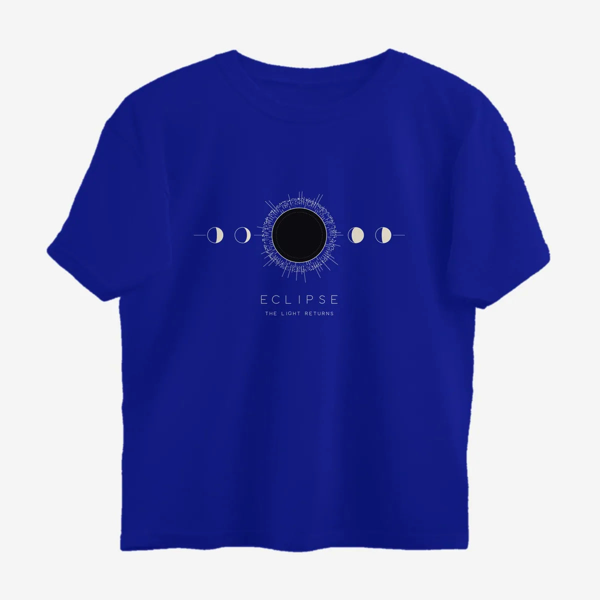 Oztra Eclipse royal blue oversized tee, front view showing the Eclipse print