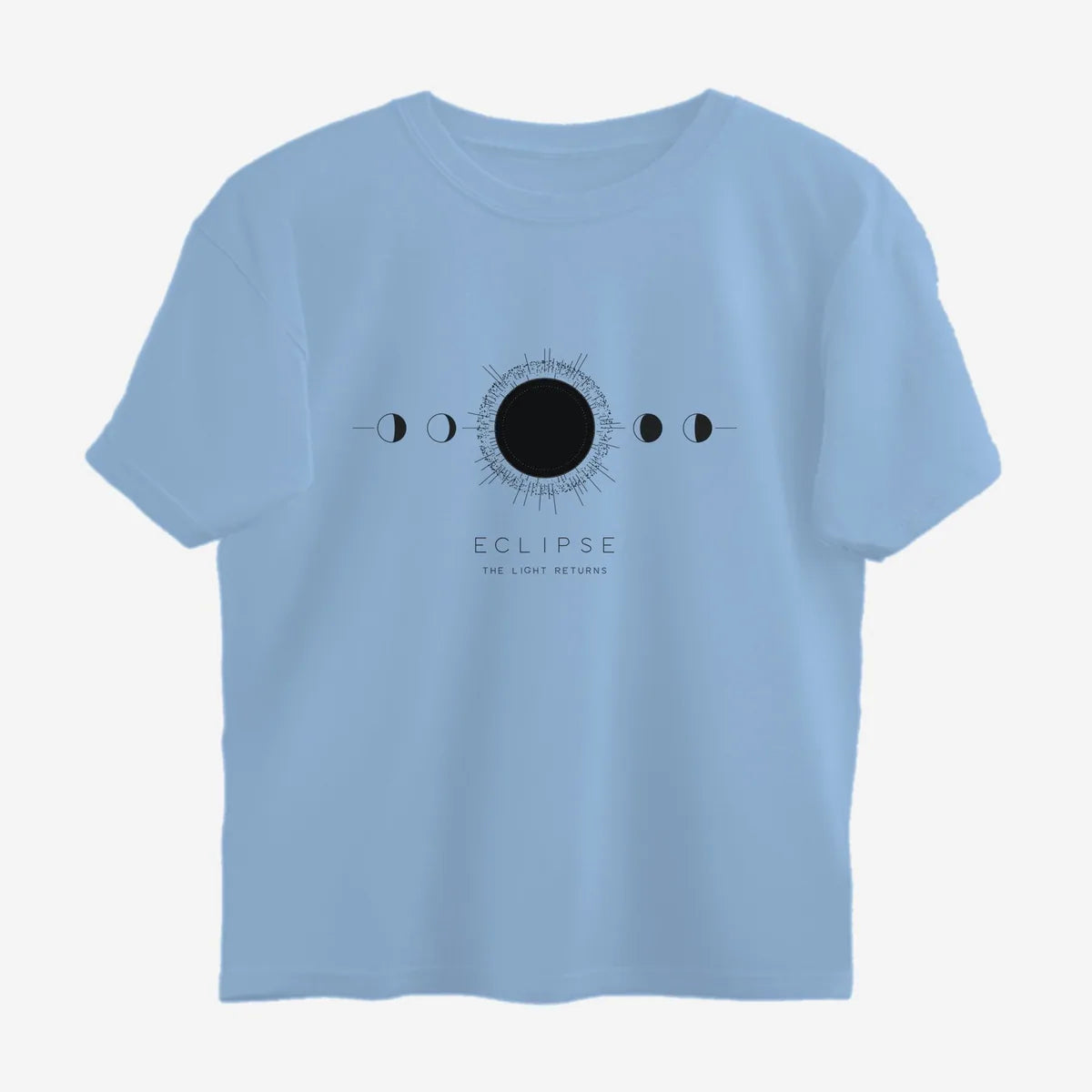 Oztra Eclipse sky blue oversized tee, front view showing the Eclipse print