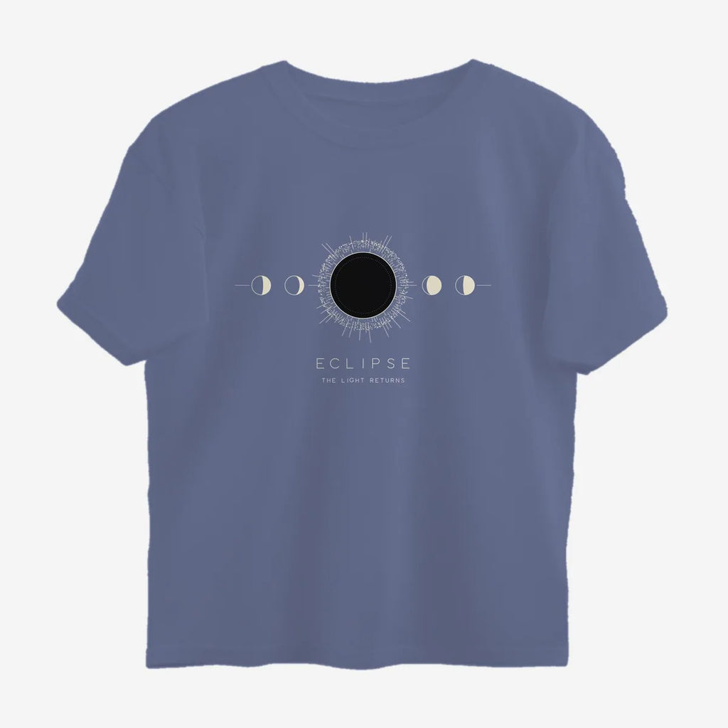 Oztra Eclipse steel blue oversized tee, front view showing the Eclipse print