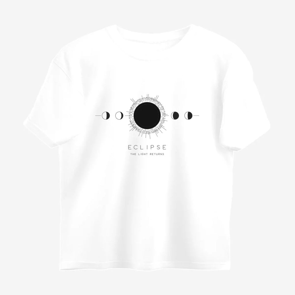 Oztra Eclipse white oversized tee, front view showing the Eclipse print