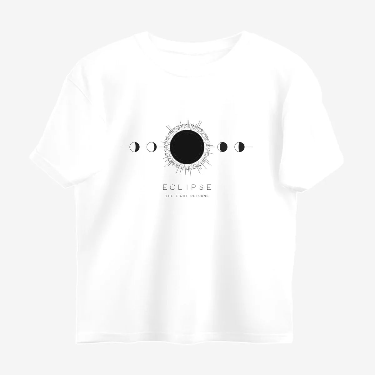 Oztra Eclipse white oversized tee, front view showing the Eclipse print