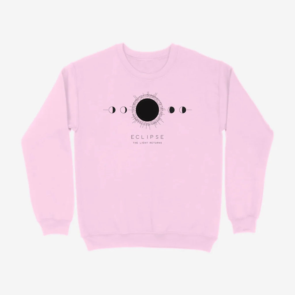 Oztra Eclipse baby pink sweatshirt, front view showing the Eclipse print