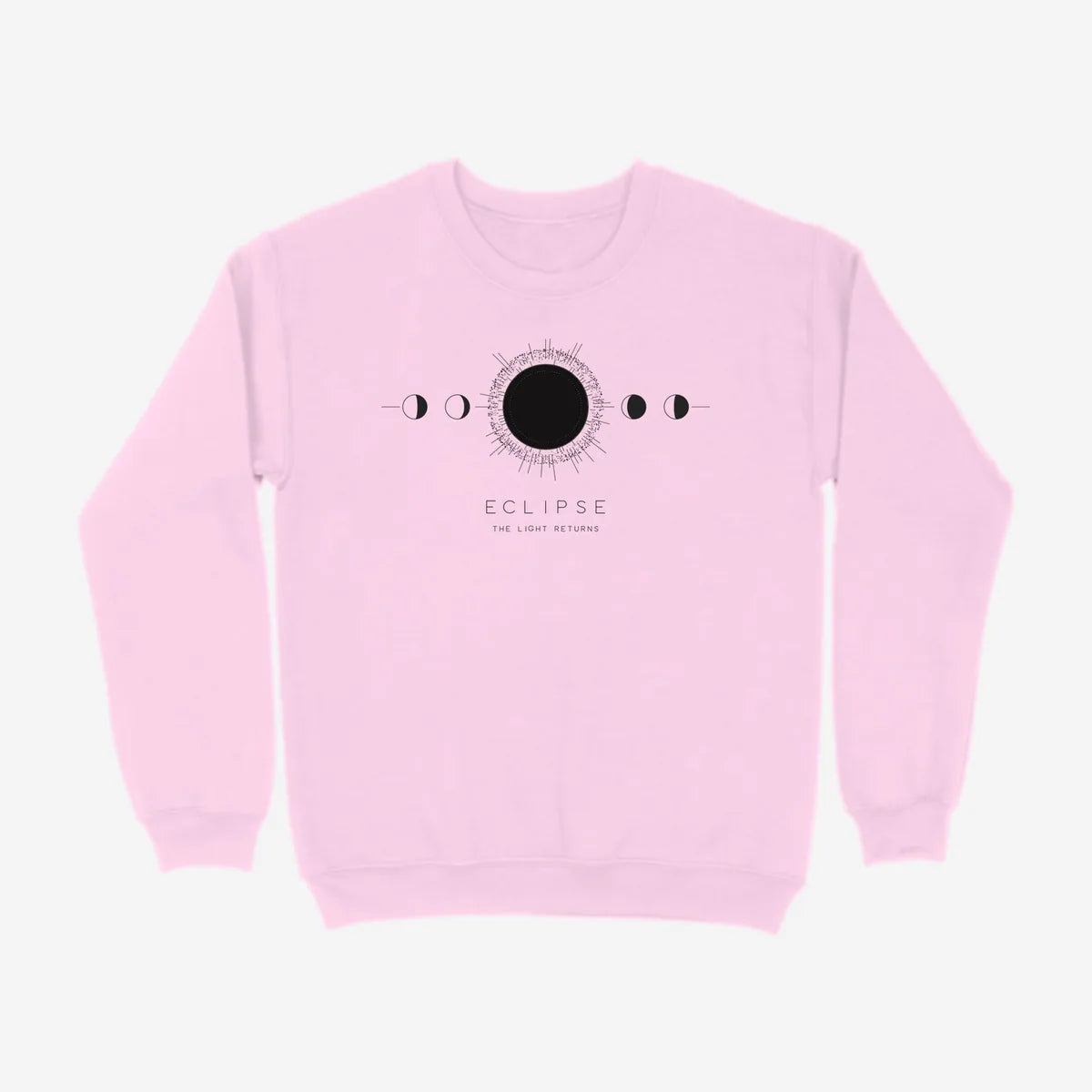 Oztra Eclipse baby pink sweatshirt, front view showing the Eclipse print
