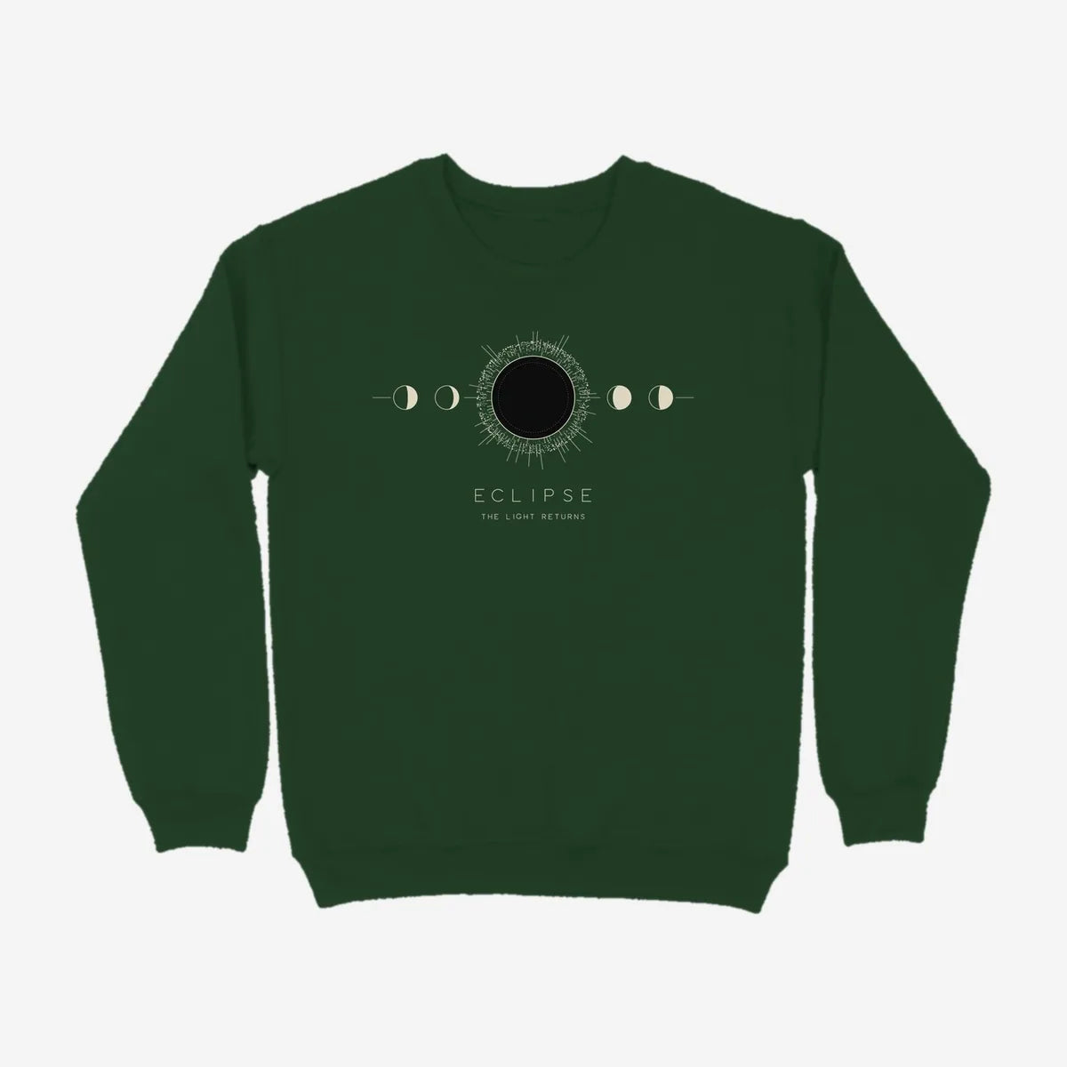 Oztra Eclipse bottle green sweatshirt, front view showing the Eclipse print