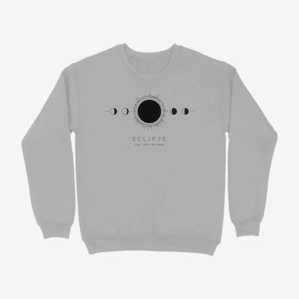 Oztra Eclipse grey melange sweatshirt, front view showing the Eclipse print