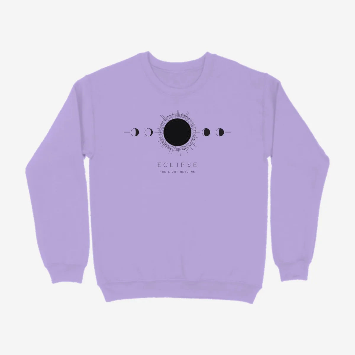 Oztra Eclipse lavender sweatshirt, front view showing the Eclipse print