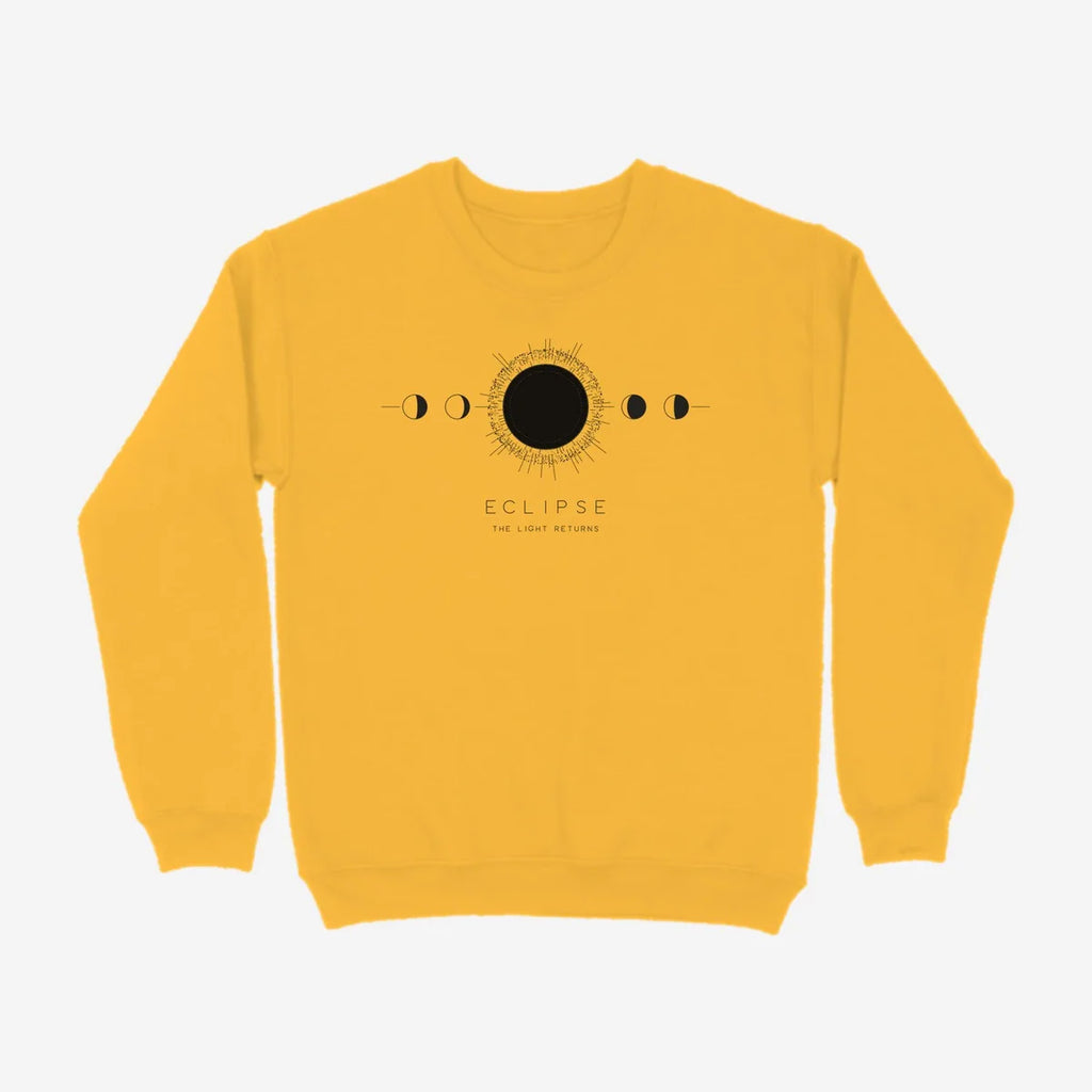 Oztra Eclipse mustard sweatshirt, front view showing the Eclipse print